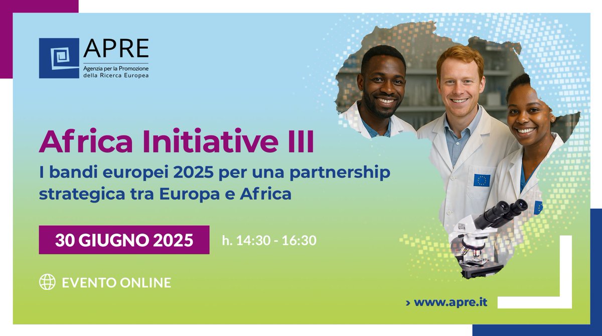 Vincenzo Lorusso (@vincenlorusso) on Twitter photo 📢Oggi, lunedi 30/06 (14:30 - 16:30 CEST):
Workshop sull' #AfricaInitiative3 di <a href="/HorizonEU/">Horizon Europe 🇪🇺</a>, con riflessioni e testimonianze sulla cooperazione #ItaliaAfrica in #Ricerca e #Innovazione, nell'ambito dell' #AgendaInnovazione UA-UE e del #PianoMattei.
🔗: apre.it/evento/africa-… 📢Oggi, lunedi 30/06 (14:30 - 16:30 CEST):
Workshop sull' #AfricaInitiative3 di <a href="/HorizonEU/">Horizon Europe 🇪🇺</a>, con riflessioni e testimonianze sulla cooperazione #ItaliaAfrica in #Ricerca e #Innovazione, nell'ambito dell' #AgendaInnovazione UA-UE e del #PianoMattei.
🔗: apre.it/evento/africa-…