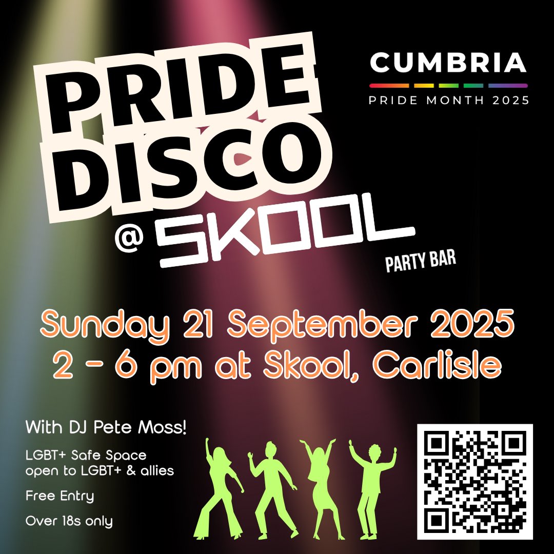 Huge thanks to DJ Pete Moss and Skool, and to everyone who came along to our Pride Disco yesterday 🕺🪩💃🏻

SAVE THE DATE … we’ll be back again in Cumbria Pride Month 🥳 

🗓️ Sunday 21 September 2025
🕙 2-6pm
📍Skool, Devonshire Street, Carlisle

#CantWaitForCumbriaPrideMonth