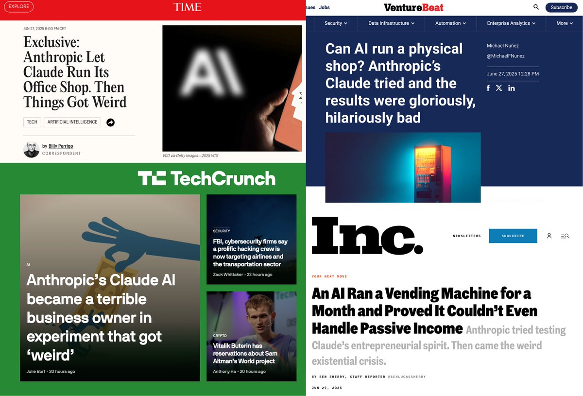 andonlabs's tweet image. Media seems to be excited about Project Vend! But wouldn't count Claude out as a manager despite the headlines. Just give us a few more iterations 🛤️
