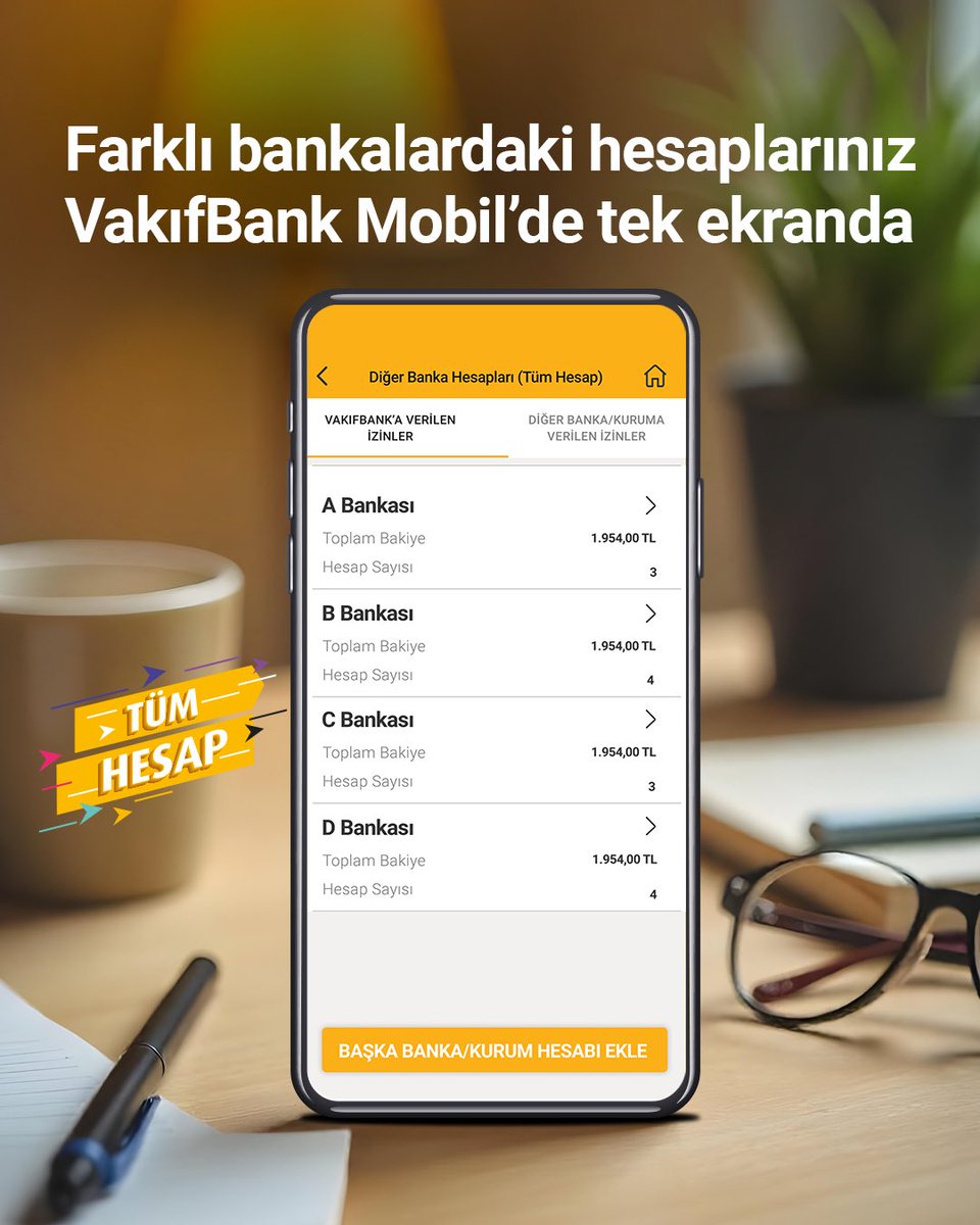 Tüm Hesap sayesinde, tüm banka hesap bakiyelerinizi tek ekranda takip edebilir, hesap hareketlerinizi inceleyebilir ve finansal durumunuzu kolayca yönetebilirsiniz. Detaylı bilgi için vakifbank.com.tr sitemizi ziyaret edebilirsiniz. #dijitalkolaylaştırır #DaimaSeninle