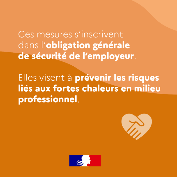 #Canicule | 🟠Au travail, des précautions sont à prendre pour se protéger des fortes chaleurs.
➡ À compter du 1er juillet 2025, de nouvelles mesures entrent en vigueur pour mieux protéger la #Santé et la #Sécurité des travailleurs en période de fortes chaleurs ⤵