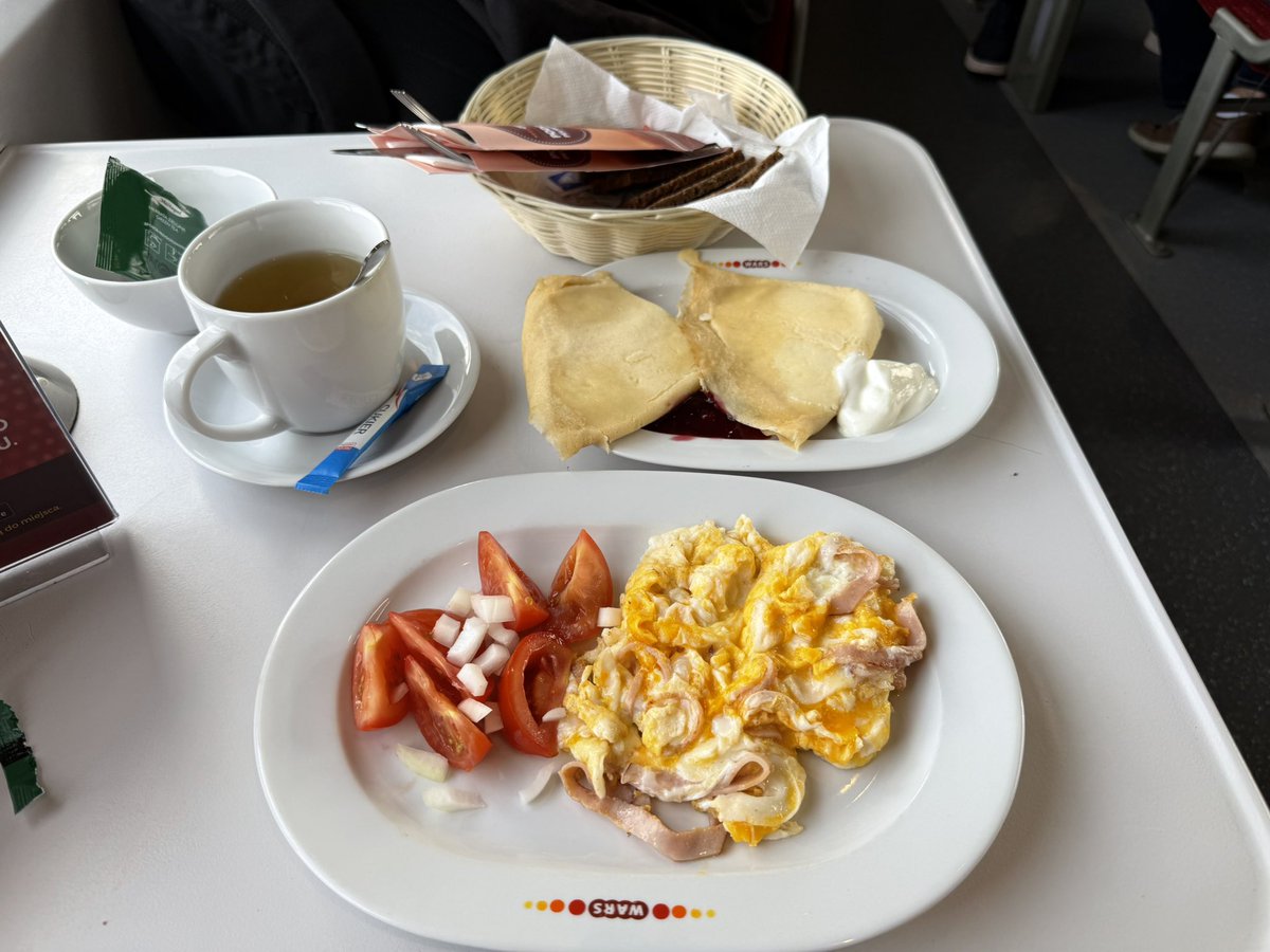 Very hearty breakfast aboard EN 1276 "Adriatic Express" Rijeka-Warsaw in Polish Dining Car - somewhere between Vienna and Breclav;