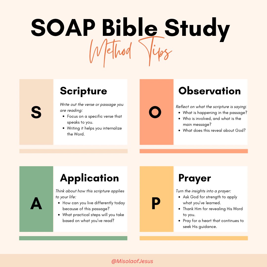 MisolaofJesus's tweet image. JULY 2025 BIBLE STUDY PLAN! 🙌📖💃
Ready to dive deeper into God's Word? Use the SOAP method in frame 3 to guide your study!
Please read the whole thread. 🙏
Check the next tweet for resources to enrich your Bible study. ⬇️