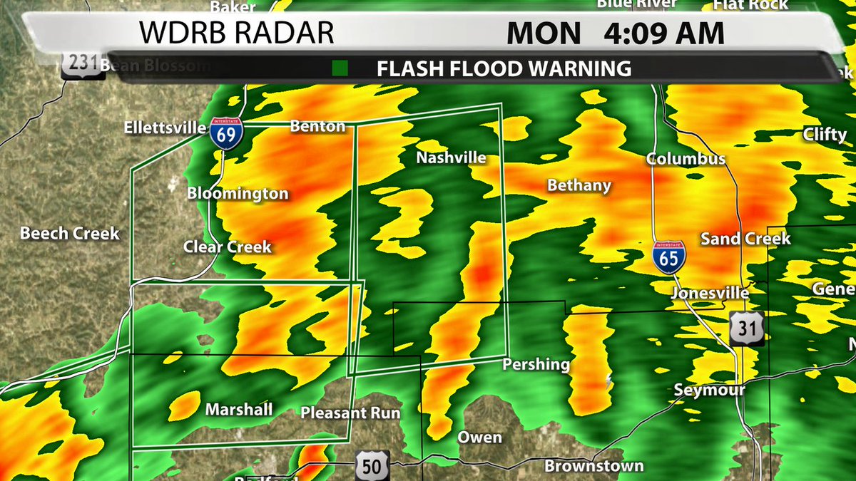 A Flash Flood Warning has been issued for Brown, Jackson, Lawrence, Monroe Co. until 6/30 7:00AM EDT. Avoid all flooded roads! Tune to WDRB or go to our interactive radar at wdrb.com/weather.