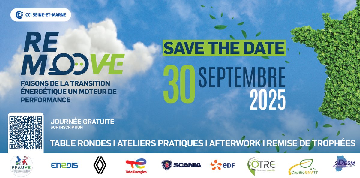 📢 #REMOOVE2025 revient le 30 sept. à Serris, plus engagé que jamais pour une transition énergétique stratégique et concrète !

💡 Mobilité décarbonée, innovation, business, keynote de Virginie Raisson-Victor...

🎟️ Réservez vite : seineetmarne.cci.fr/evenements/rem…

#MobilitéDurable