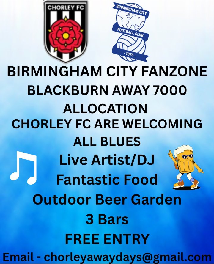 Chorley awaydays (@chorleyawaydays) on Twitter photo ๐ข Calling ALL <a href="/BCFC/">(C) Birmingham City FC</a> supporters
Non League <a href="/chorleyfc/">Chorley FC</a> are hosting a HUGE away day party for your supporters - BLACKBURN ROVERS
Please share and help us put a great day on for you in Lancashire ๐๐ค
#bcfc ๐ข Calling ALL <a href="/BCFC/">(C) Birmingham City FC</a> supporters
Non League <a href="/chorleyfc/">Chorley FC</a> are hosting a HUGE away day party for your supporters - BLACKBURN ROVERS
Please share and help us put a great day on for you in Lancashire ๐๐ค
#bcfc