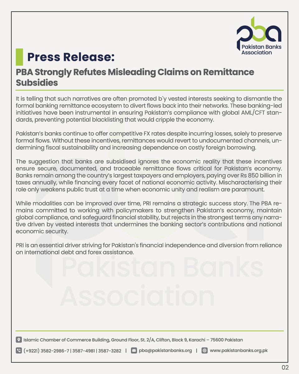 Pakistan Banks Association (@pakbanksassoc) on Twitter photo PBA Refutes Claims on Remittance Incentives
PBA rejects media mislabeling of incentives as subsidies, warning it undermines trust & threatens vital formal remittance flows.
🔗 shorturl.at/isZni
<a href="/zafar_masud/">Zafar Masud</a>
#PakistanEconomy #Remittances #FinancialStability PBA Refutes Claims on Remittance Incentives
PBA rejects media mislabeling of incentives as subsidies, warning it undermines trust & threatens vital formal remittance flows.
🔗 shorturl.at/isZni
<a href="/zafar_masud/">Zafar Masud</a>
#PakistanEconomy #Remittances #FinancialStability