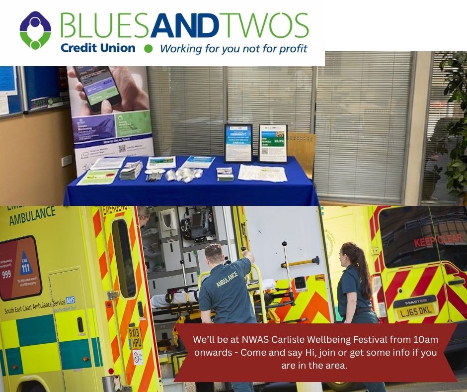 BluesandTwosCU's tweet image. 🚑We'll be at NWAS Carlisle today from 10.00 am onwards. Come and say hi. We’ll be on hand to answer questions and help anyone who'd like to join😊 
bluesandtwos.org.uk
#save #loans #nwas #bluesandtwoscu #jointoday