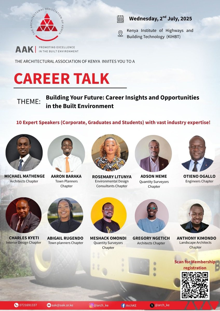 📅 This Wed, 2nd July 2025
📍 KIHBT Nairobi (Industrial Area) Campus

Join us for a Career Talk with 10 top prfessionals in the built environment courtesy of AAK! 🏗️🎓

🔥 Be inspired
🤝 Connect
🚀 Shape your future

#AAK #CareerTalk2025 #BuiltEnvironment