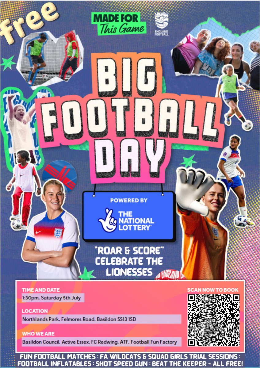 🎉 BIG FOOTBALL DAY – ROAR &amp; SCORE! 🦁⚽

Celebrate the <a href="/Lionesses/">Lionesses</a> and the beautiful game with a FREE fun-filled day out for the whole family! 🙌

📅 Saturday 5th July
🕜 1:30PM
📍 Northlands Park, Basildon (SS13 1SD)

🎈 What’s on:

⚽ Fun football matches

👧 FA Wildcats &amp;