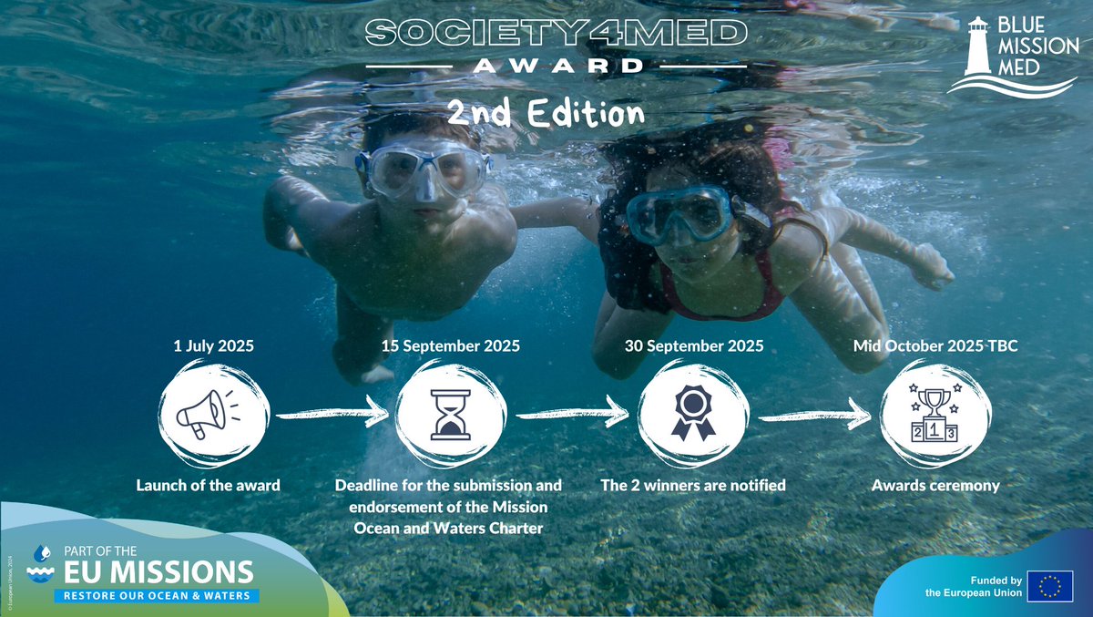 BlueMissionMed (@bluemissionmed) on Twitter photo 🌊After a successful first edition in 2024, we’re proud to announce that #Society4Med is back! 🚀
✨2025 Award Categories:
1️⃣Sport&Leisure 🏄♀️
2️⃣Blue Education📚
📅𝗗𝗲𝗮𝗱𝗹𝗶𝗻𝗲: 15 September 2025 - read the full call 👉 bit.ly/44dbyaJ
#MissionOcean <a href="/OurMissionOcean/">Mission Ocean Waters</a> 🌊After a successful first edition in 2024, we’re proud to announce that #Society4Med is back! 🚀
✨2025 Award Categories:
1️⃣Sport&Leisure 🏄♀️
2️⃣Blue Education📚
📅𝗗𝗲𝗮𝗱𝗹𝗶𝗻𝗲: 15 September 2025 - read the full call 👉 bit.ly/44dbyaJ
#MissionOcean <a href="/OurMissionOcean/">Mission Ocean Waters</a>