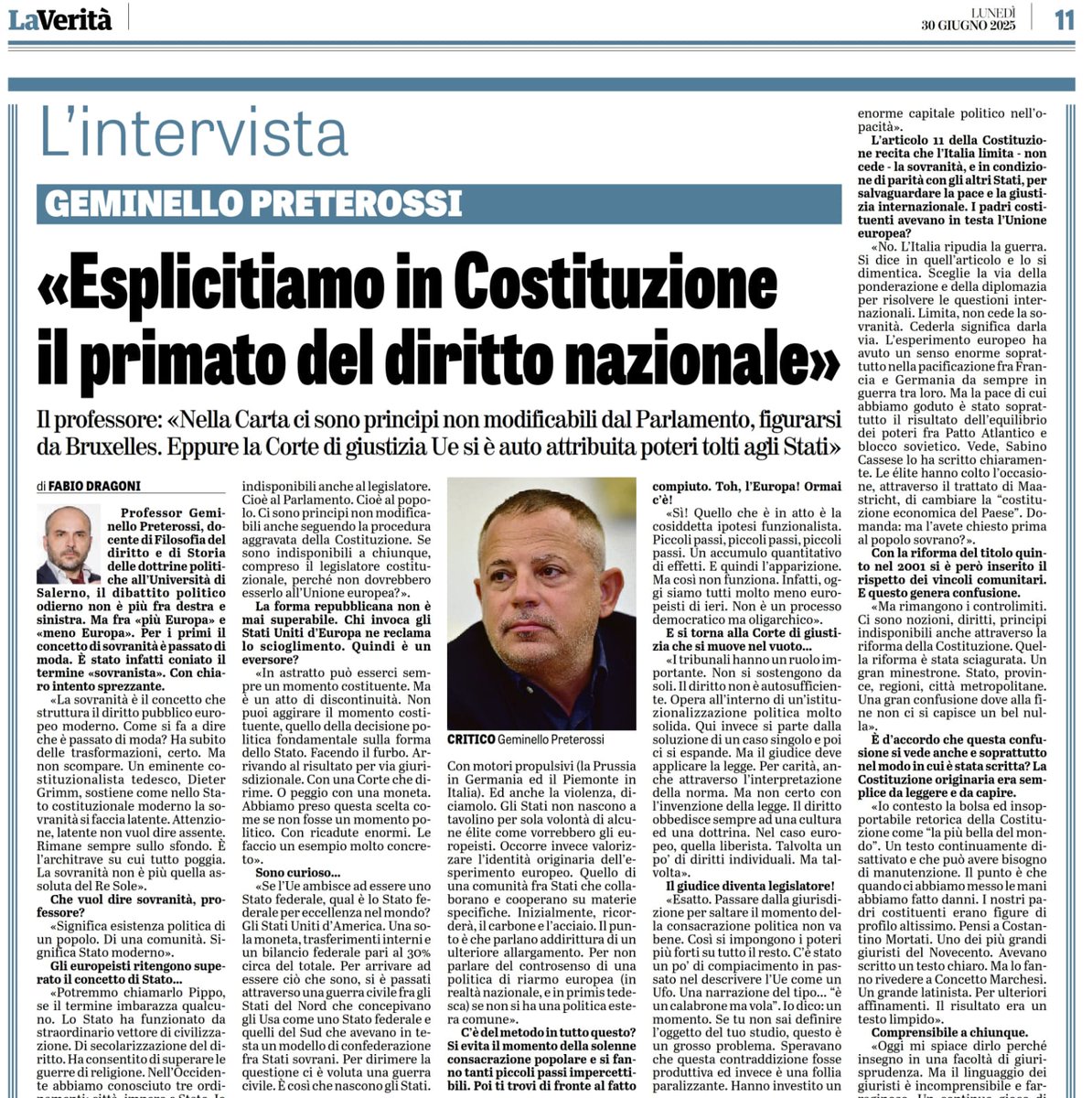 RivistaLaFionda's tweet image. "Nella Carta ci sono principi non modificabili dal Parlamento, figurarsi da Bruxelles. Eppure la Corte di giustizia Ue si è auto attribuita poteri tolti agli Stati".
Così il nostro direttore, il prof. Geminello Preterossi, nell'intervista rilasciata a La Verità sul rapporto tra…