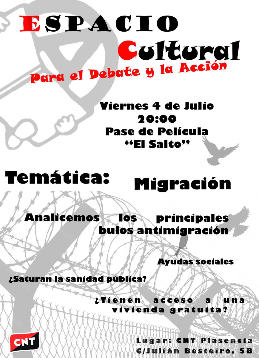 🎬 Este 4 de julio a las 20h en CNT Plasencia proyectamos *El Salto* + debate para desmontar bulos sobre la inmigración. Entrada libre. Más info: caceresnorte@cnt.es #Inmigración #Debate #Plasencia

---