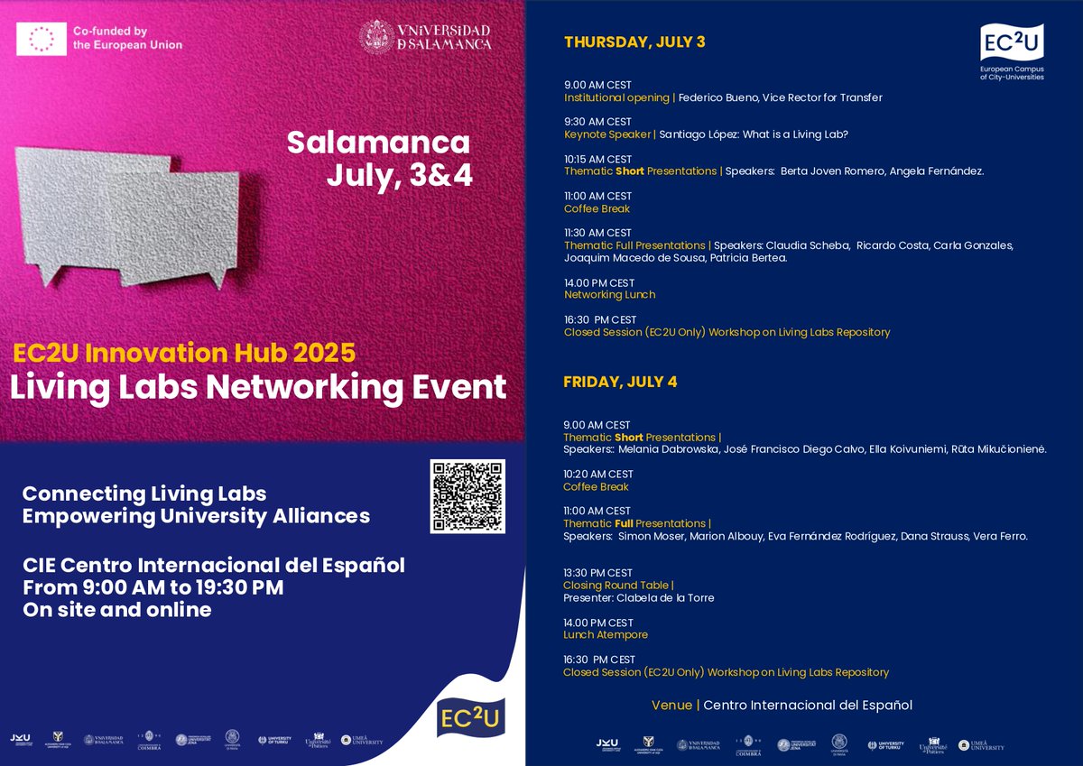 USAL EC2U (@usal_ec2u) on Twitter photo 🇪🇸 🇪🇺 | <a href="/usal/">Universidad de Salamanca</a> will host the <a href="/EC2U_Alliance/">EC2U Alliance of European Universities</a> Living Lab Networking Event on July 3–4.
A space to share experiences in open innovation, knowledge transfer, and citizen engagement
📺 Follow online: youtube.com/@usal_ec2u
🔗 More info: ec2u.eu/ec2u-innovatio… 🇪🇸 🇪🇺 | <a href="/usal/">Universidad de Salamanca</a> will host the <a href="/EC2U_Alliance/">EC2U Alliance of European Universities</a> Living Lab Networking Event on July 3–4.
A space to share experiences in open innovation, knowledge transfer, and citizen engagement
📺 Follow online: youtube.com/@usal_ec2u
🔗 More info: ec2u.eu/ec2u-innovatio…