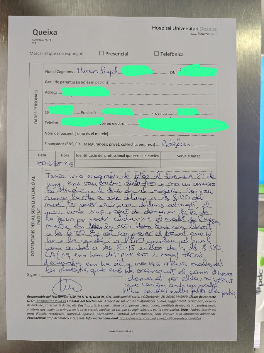 Estic molt enfadada, de fet estic enrabiada. Em podeu ajudar repiulant? Divendres passat tenia hora a les 15.00 a la DEXEUS per fer-me una eco de fetge arran d'uns paràmetres incorrectes després de l'embaràs. Em van trucar i em van canviar l'hora de la cita unilateralment. Dient-