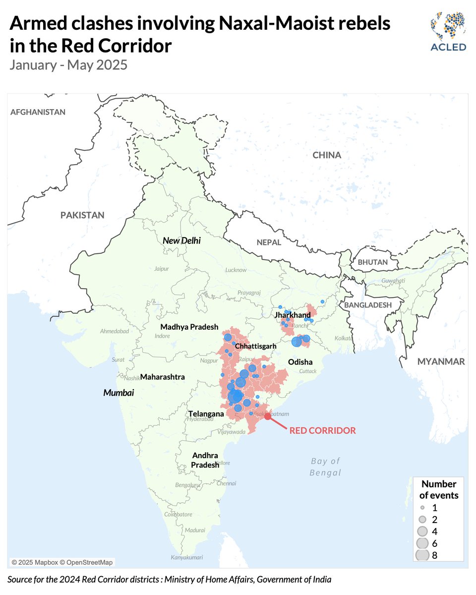 Clashes between Indian forces &amp; Naxal-Maoist rebels have intensified in 2025. ACLED records 255 fatalities so far this year—most of them rebels—pointing to a weakened insurgency &amp; a shift toward military domination over arrests.

🔎Full Q&amp;A: acleddata.com/2025/06/25/qa-…