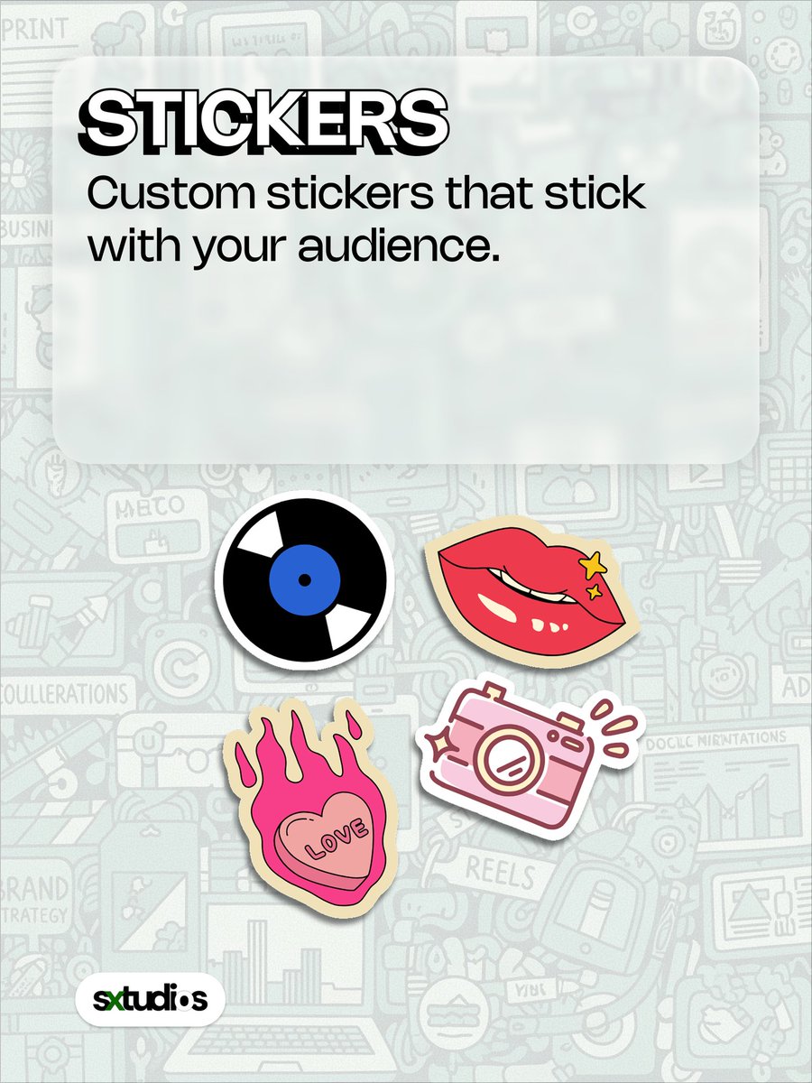 sxtudios's tweet photo. 10. Want your brand to be seen everywhere? Custom stickers are a fun, memorable way to build brand loyalty and visibility. We create high-quality, over-the-top designs that get your brand stuck in all the right places. https://t.co/qOLGmttVZy