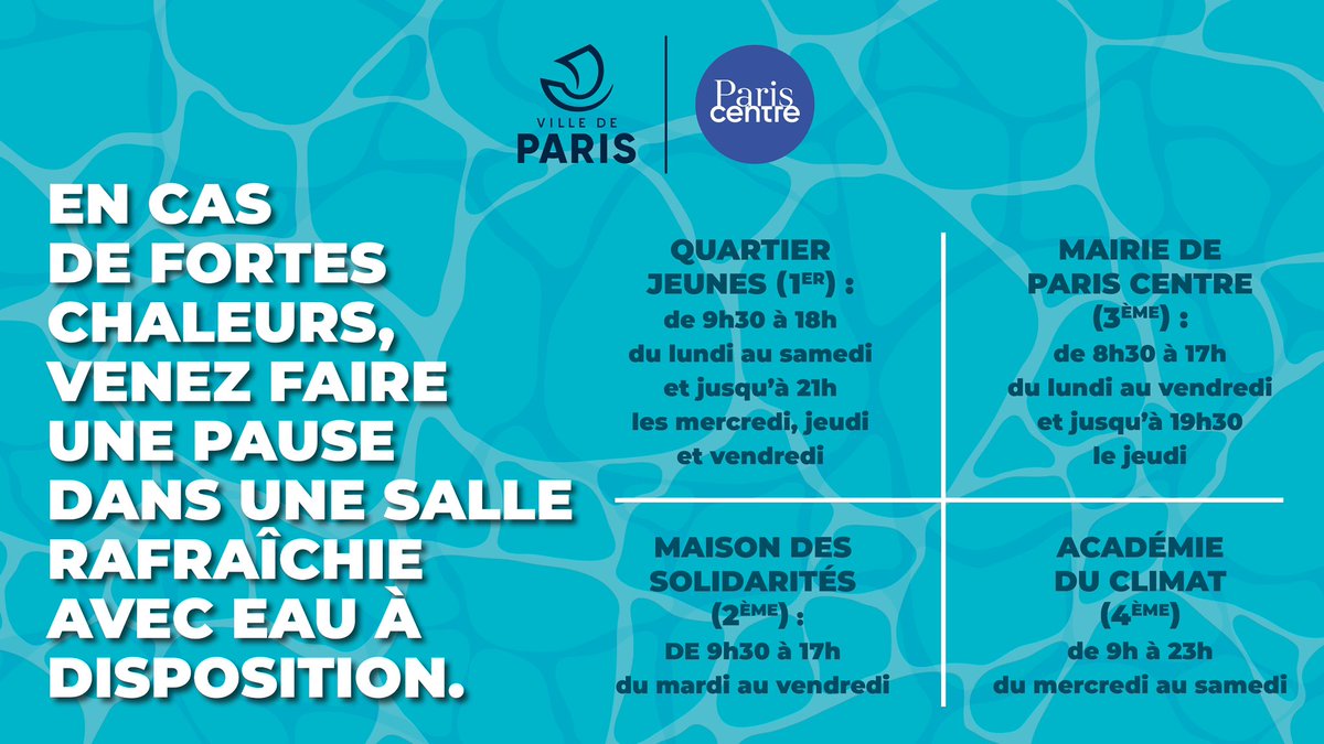 🌡️ Pendant la canicule, la Mairie de Paris Centre ouvre 4 salles rafraîchies dans lesquelles vous pouvez tout au long de la journée vous hydrater et profiter d’un air frais.
#VigilanceOrange