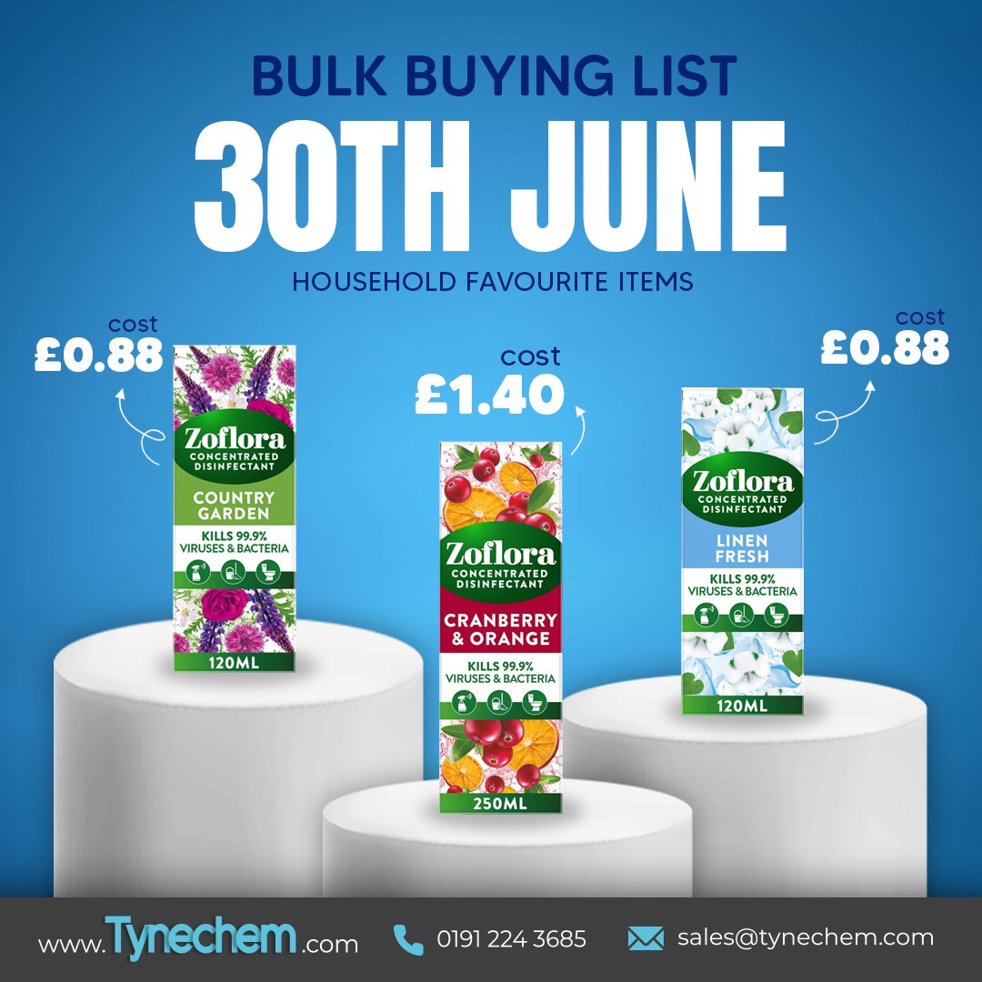 🛒 Tynechem’s 30th June Bulk Buy List is out now!

Check out our Zoflora range below – stock up on cleaning favourites for your pharmacy or shop.

📥 Download the full list:
👉 tynechem.com/wp-content/upl…

#Tynechem #BulkBuy #Zoflora #PharmacySupplies #CleaningEssentials