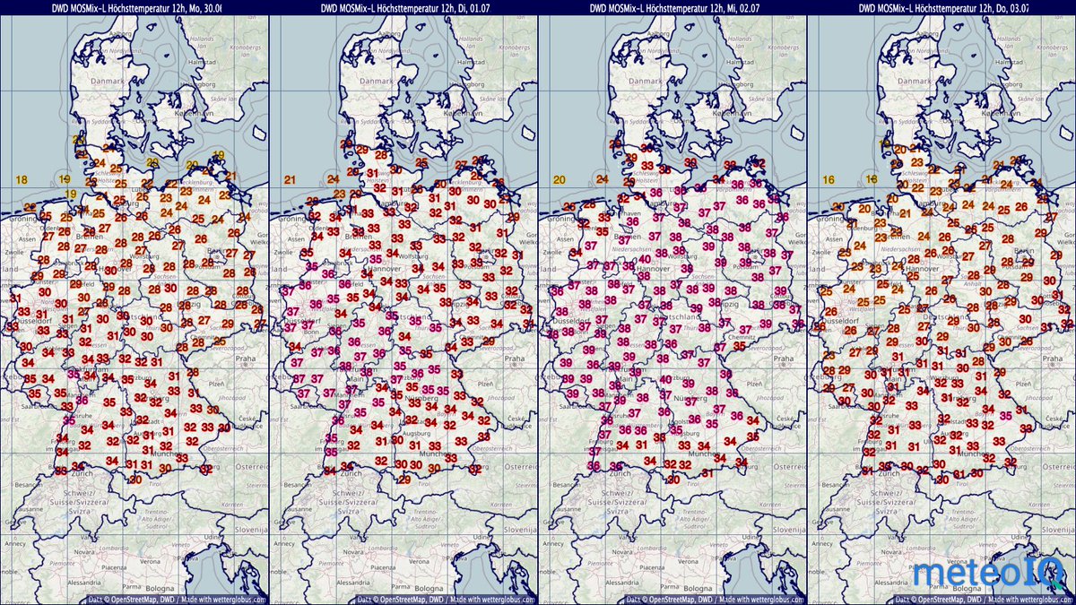 Eine heiße Woche steht Deutschland bevor. Beim Höhepunkt am Mittwoch sind verbreitet über 35°C vorhergesagt und örtlich sind auch 40°C nicht ausgeschlossen. #Wetter #Hitze