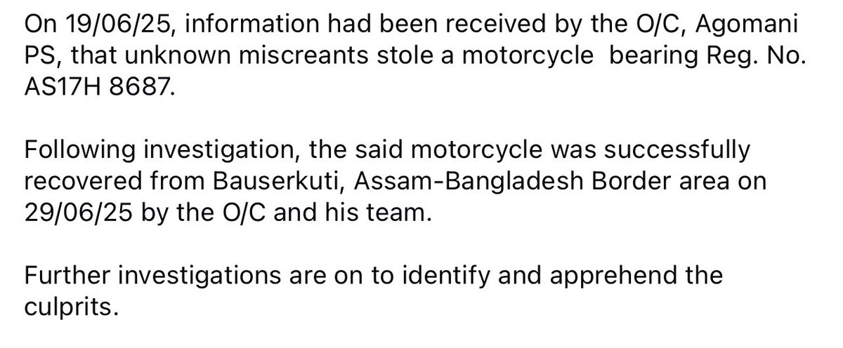 Dhubri Police (@dhubri_police) on Twitter photo Lost motorcycle recovered. Further investigations are going on.
#জনহিতজনসেৱাৰ্থে
#CommittedToServeAndProtect
<a href="/CMOfficeAssam/">Chief Minister Assam</a> <a href="/himantabiswa/">Himanta Biswa Sarma</a> <a href="/DGPAssamPolice/">DGP Assam</a> <a href="/HardiSpeaks/">Hardi Singh</a> <a href="/assampolice/">Assam Police</a> Lost motorcycle recovered. Further investigations are going on.
#জনহিতজনসেৱাৰ্থে
#CommittedToServeAndProtect
<a href="/CMOfficeAssam/">Chief Minister Assam</a> <a href="/himantabiswa/">Himanta Biswa Sarma</a> <a href="/DGPAssamPolice/">DGP Assam</a> <a href="/HardiSpeaks/">Hardi Singh</a> <a href="/assampolice/">Assam Police</a>