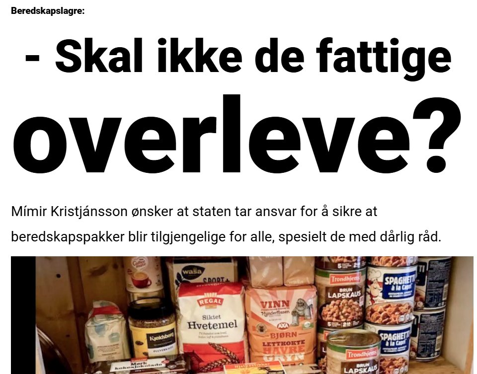 DovreGubben (@vidarthk) on Twitter photo Her er <a href="/mimirk/">Mímir Kristjánsson</a> inne på essensen. At Noreg ved staten har totalberedskap og tar det ansvaret bør vere ein selvfølge. Spesielt at regjeringa innfører "sivilberedskapsloven" der alle mellom 18-72 år har arbeidsplikt. Samstundes gir dei ikkje ut beredskapspakkar! Skam dykk. Her er <a href="/mimirk/">Mímir Kristjánsson</a> inne på essensen. At Noreg ved staten har totalberedskap og tar det ansvaret bør vere ein selvfølge. Spesielt at regjeringa innfører "sivilberedskapsloven" der alle mellom 18-72 år har arbeidsplikt. Samstundes gir dei ikkje ut beredskapspakkar! Skam dykk.