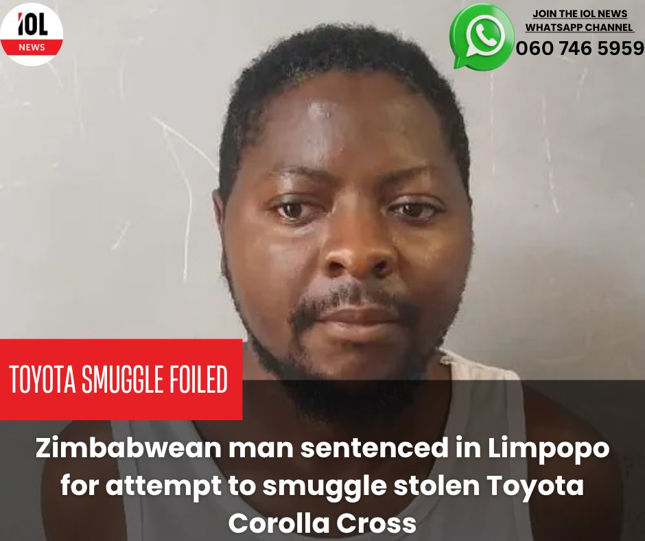 IOL's tweet image. The Mokopane Regional Court has imposed six years of direct imprisonment against a 37-year-old Zimbabwean man, Joseph Kungwengwe, after he was found in possession of a stolen vehicle, a Toyota Corolla Cross.
#CrimeWatch #BorderSmuggling #ToyotaTheft #LimpopoNews #JusticeServed…
