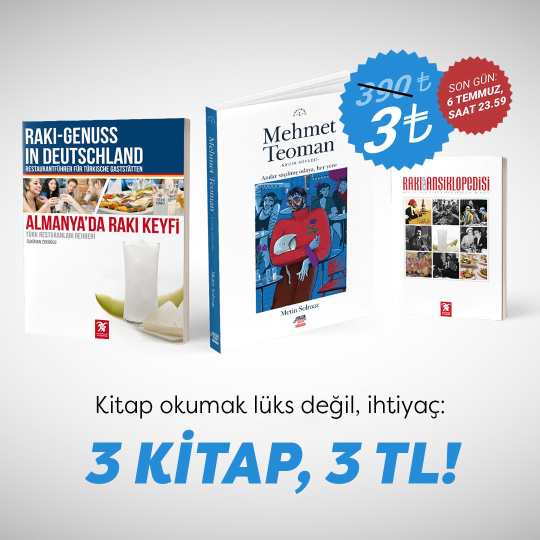 Geçen hafta Rakı Cep Ansiklopedisi’ni 1 TL’ye verdik. Ortalık karıştı. Millet birbirine girdi, izdiham yaşandı. Bu hafta biraz daha abartalım dedik. 3 kitap, 3 TL. Kitap okumak lüks değil, ihtiyaç. 
*Her siparişte 3 kitaplık paketten sadece 1 adet alabilirsiniz.