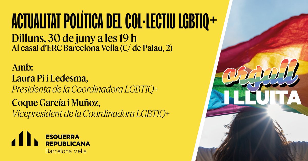 ERC LGTBI 🏳️🌈 (@erc_lgtbi) on Twitter photo Aquesta tarda ens veiem amb les companyes del casal de <a href="/ERC_Bcn_Vella/">ERC Barcelona Vella</a>, per parlar sobre l'actualitat política del col·lectiu #LGBTIQ+🏳️🌈
Amb la <a href="/laurapiledesma/">Laura Pi</a> i en <a href="/coquegarcia/">Coque 🏳️🌈🇪🇭🇦🇲🇵🇸</a>.
Us hi esperem! Aquesta tarda ens veiem amb les companyes del casal de <a href="/ERC_Bcn_Vella/">ERC Barcelona Vella</a>, per parlar sobre l'actualitat política del col·lectiu #LGBTIQ+🏳️🌈
Amb la <a href="/laurapiledesma/">Laura Pi</a> i en <a href="/coquegarcia/">Coque 🏳️🌈🇪🇭🇦🇲🇵🇸</a>.
Us hi esperem!