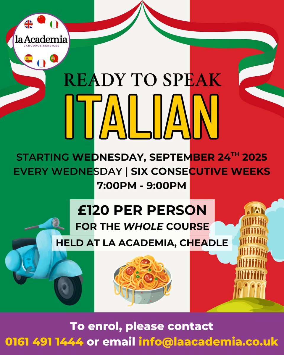 la__academia's tweet image. Dream of speaking Italian? 🇮🇹 Join our beginner course at La Academia in Cheadle this September! Learn with native speaker Rino Pucci &amp;amp; immerse in culture. Limited spots!

For more info, visit bit.ly/4ekjdHm

#LearnItalian #ItalianCourse #LanguageGoals #ItalianLanguage