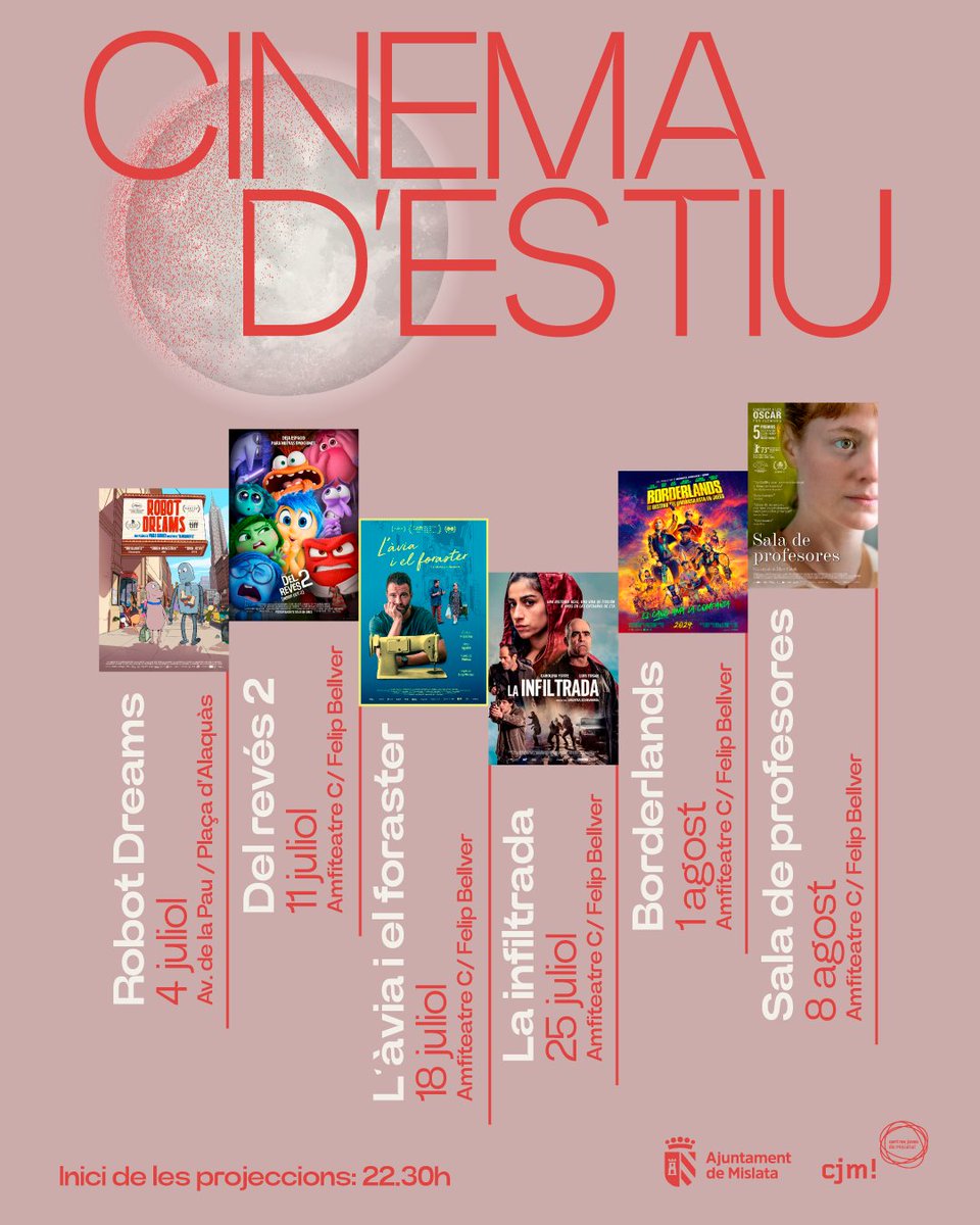 📽️ CINEMA D'ESTIU 2025

🎞️ Disfruta d'una experiència inoblidable amb una nova edició de Cinema d'Estiu a l'aire lliure! Et convidem a gaudir de diverses nits plenes de pel·lícules emocionants i de diversió per a tota la família.

🌐 Programació ➤ mislata.es/va/informa-t/a…