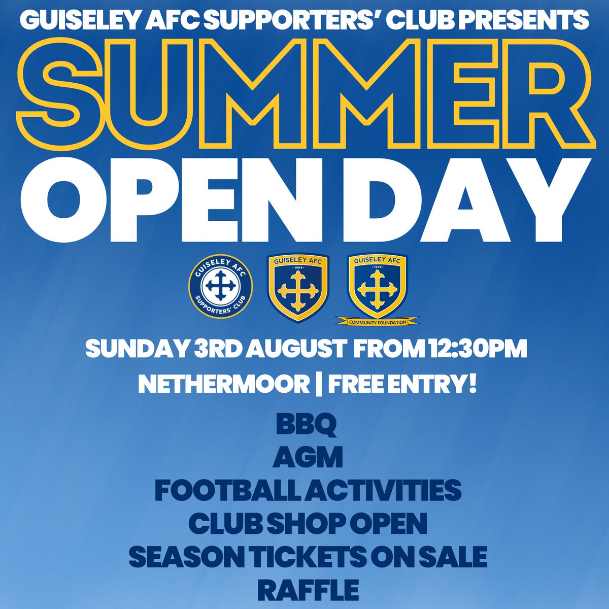 ☀️ | Our Summer Open Day is back on Sunday 3rd August at Nethermoor!

💼 AGM from 11:30am
🍔 BBQ from 12:30pm

FREE Football activities with <a href="/GAFCCommunity/">GAFC Community</a>, a raffle and so much more.

#GAFC #GuiseleyTogether