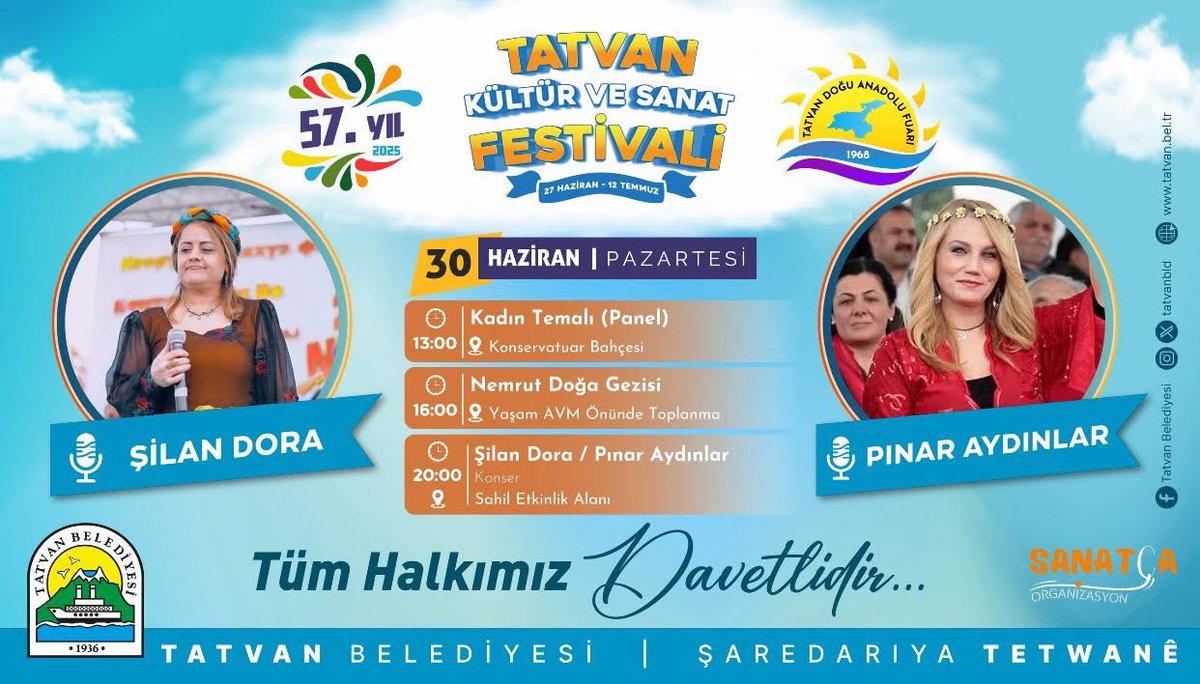 Halkın Sanatçısı Pınar Aydınlar,
Tatvan Belediyesi tarafından bu yıl “Barışın yolunu özgür sanatla örüyoruz” şiarıyla düzenlenen  57. Tatvan Kültür ve Sanat Festivali programı kapsamında akşam saat 20.00 itibariyle konser sahnesiyle halkla buluşacak.