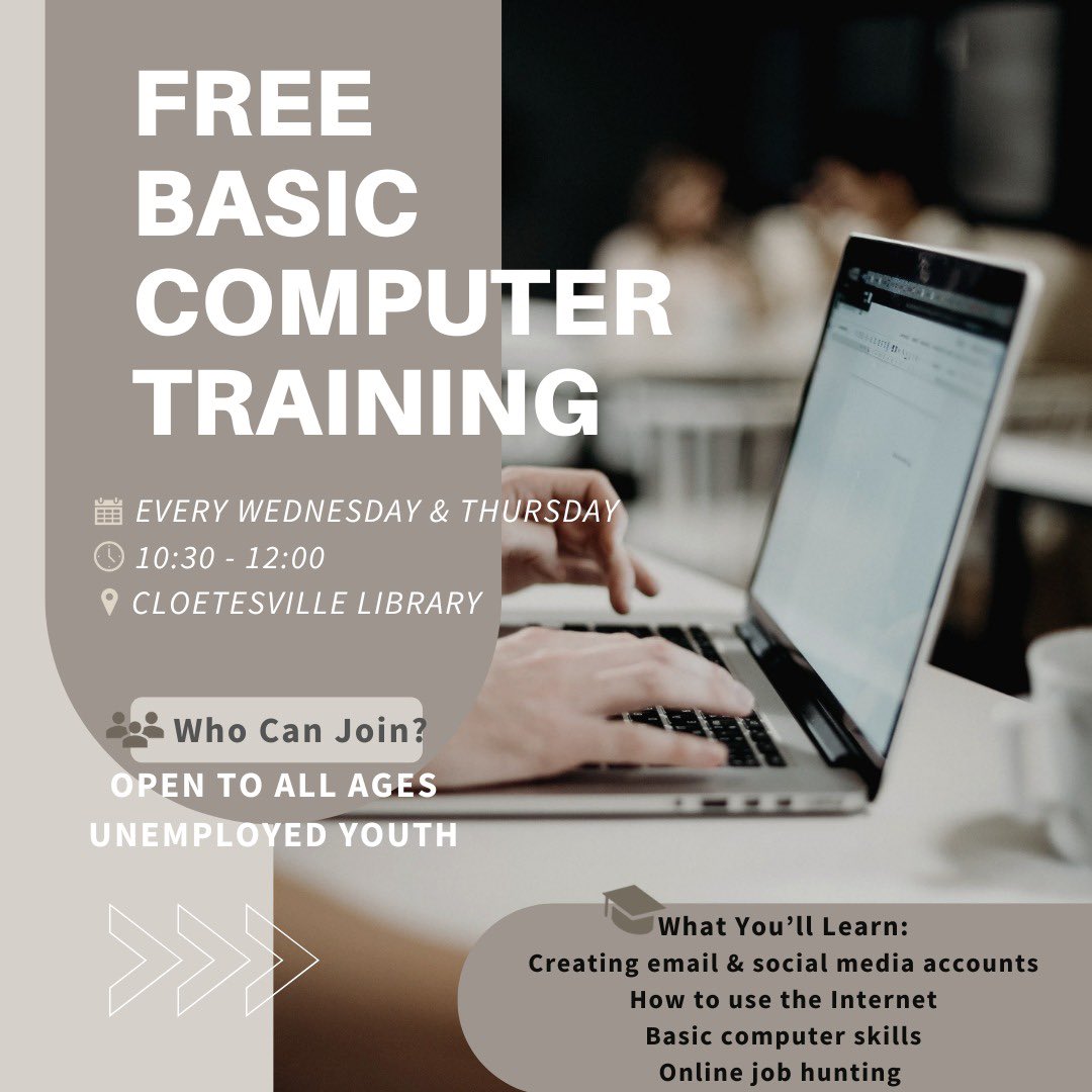 FREE Basic Computer Training!
📍 Cloetesville Library
🗓️ Every Wednesday &amp; Thursday
🕥 10:30 – 12:00

Learn how to: 
Use a computer
Create email &amp; social media accounts
Navigate the internet
Apply for jobs online