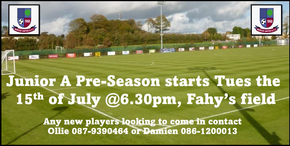 Pre-Season Starts Tuesday 15th July 
New players welcome to come along and view our first class training facilities available at Fahy's Field.