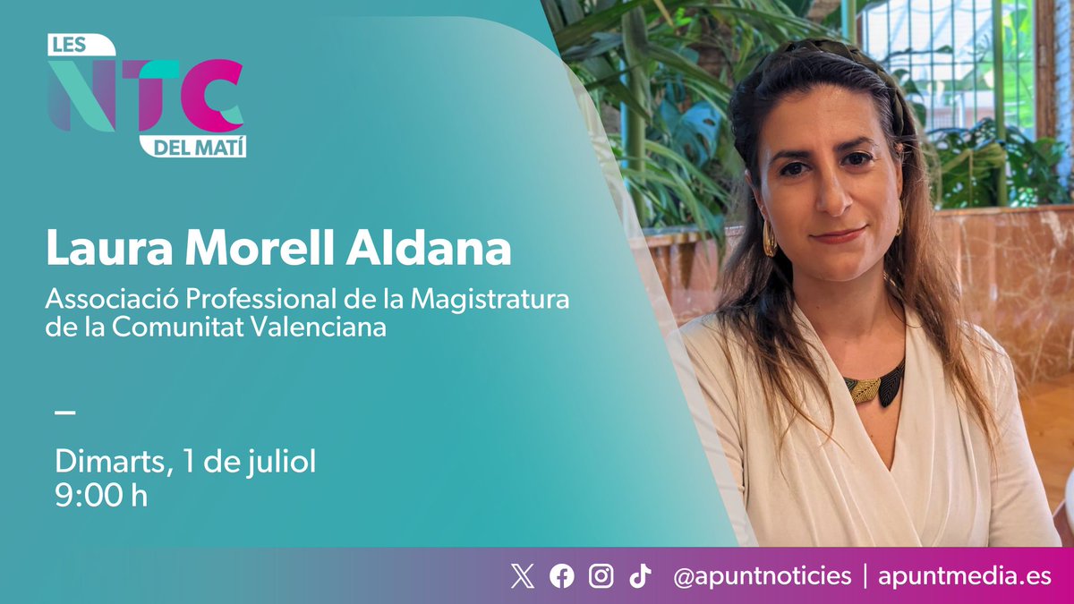 Les notícies del matí (@ntcdelmati) on Twitter photo 📡Este dimarts entrevistem la magistrada de Castelló de la Plana i membre de l'executiva territorial de <a href="/juecesAPM/">APM Nacional</a> de la Comunitat Valenciana, Laura Morell Aldana.
🗣️Amb <a href="/eduard_urena/">Eduard Ureña</a> i <a href="/SUSIBOIXVAL/">SUSI BOIX</a> en la tertúlia.
⏰9:00 h
📻web.apunt.es/RàdioEnDirecte
📺web.apunt.es/DirecteTV 📡Este dimarts entrevistem la magistrada de Castelló de la Plana i membre de l'executiva territorial de <a href="/juecesAPM/">APM Nacional</a> de la Comunitat Valenciana, Laura Morell Aldana.
🗣️Amb <a href="/eduard_urena/">Eduard Ureña</a> i <a href="/SUSIBOIXVAL/">SUSI BOIX</a> en la tertúlia.
⏰9:00 h
📻web.apunt.es/RàdioEnDirecte
📺web.apunt.es/DirecteTV