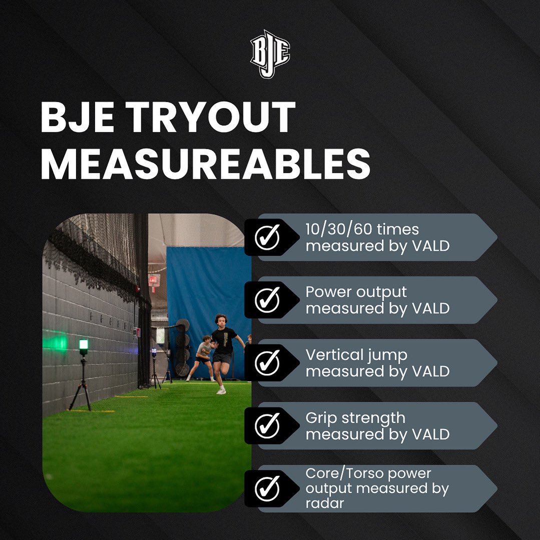Players participating in tryouts for 13U and older ⤵️

Raise your expectations 📈

You will receive the same assessment used to help BJE players track and develop key measurables for performance.

Join the BJE family and take your development to the next level 💪