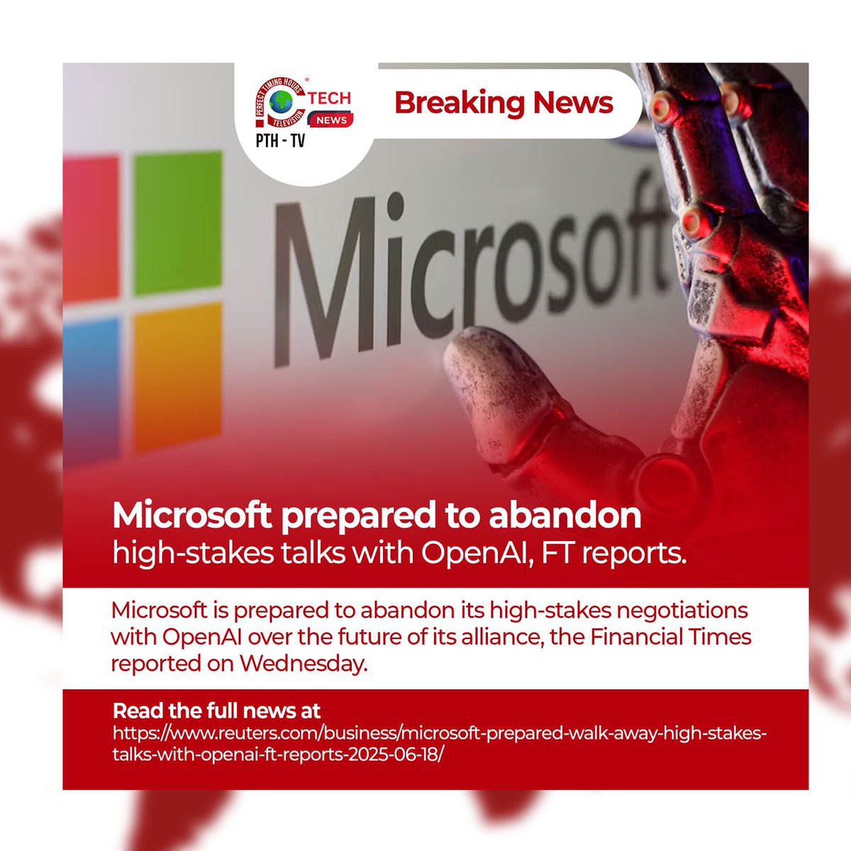 Microsoft prepared to abandon high-stakes talks with OpenAI, FT reports

Read the full news at reuters.com/business/micro…

Microsoft is prepared to abandon its high-stakes negotiations with OpenAI over the future of its alliance, the Financial Times reported on Wednesday.