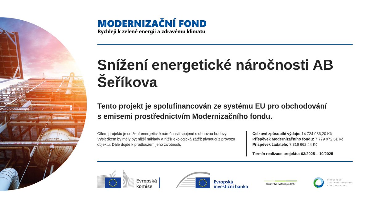 🔧🏢 Realizujeme projekt zaměřený na snížení energetické náročnosti administrativní budovy Šeříkova. 🏗️♻️

✅ Projekt je spolufinancován z Modernizačního fondu EU

Cílem je snížení nákladů na provoz, ekologické zátěže i prodloužení životnosti objektu.