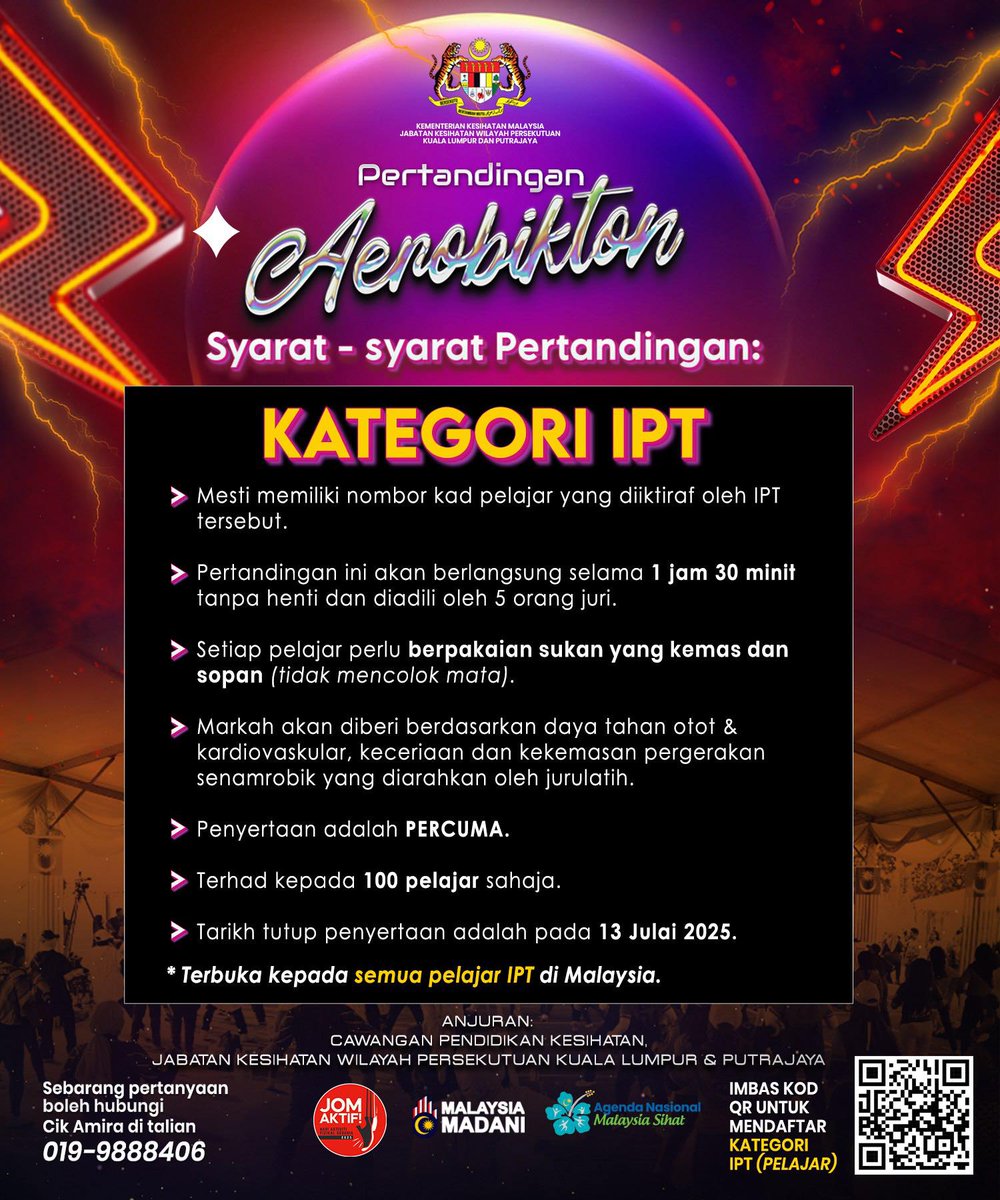 PERTANDINGAN AEROBIKTON WOPAD 2025! 
Sempena sambutan World Physical Activity Day (WOPAD) peringkat Wilayah Persekutuan Kuala Lumpur &amp; Putrajaya!
Jangan lepaskan peluang ini untuk aktif, sihat &amp; bergaya bersama kami! 
#MalaysiaSihat