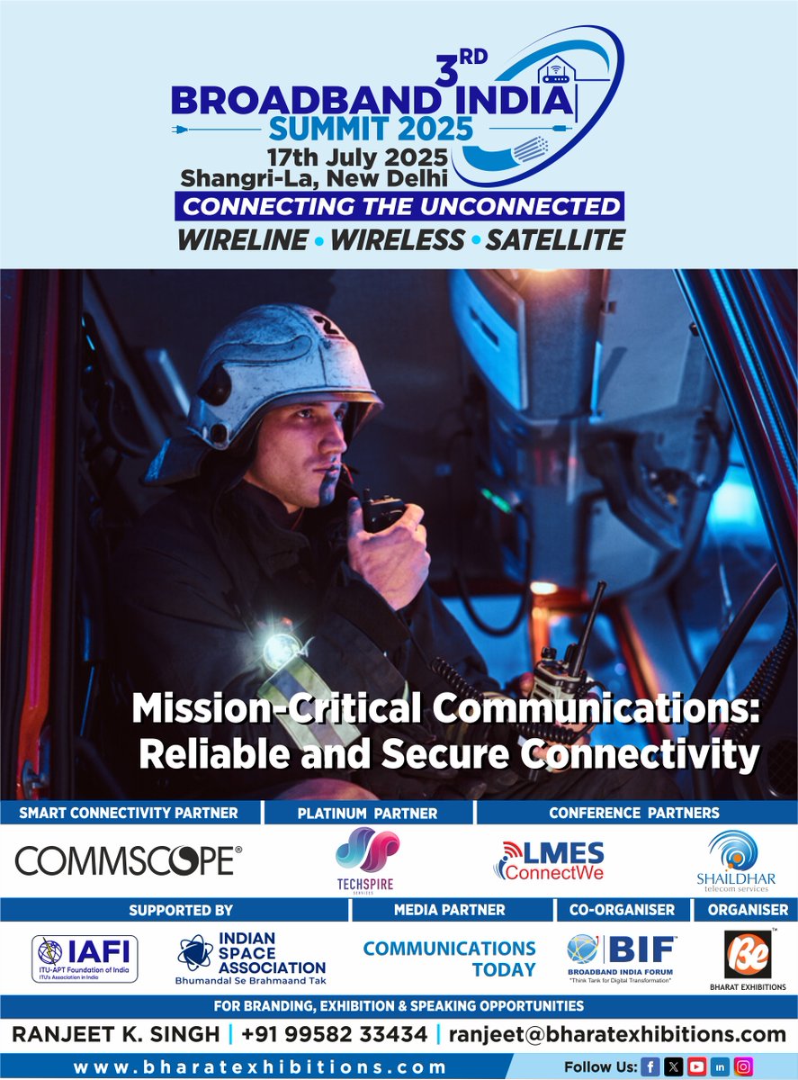 be_exhibitions's tweet photo. 📢 India needs cutting-edge broadband for a truly connected future! The Broadband India Summit 2025 will discuss next-gen fiber, 5G & satellite solutions on July 17. Are we ready for the digital leap? 🌍🚀 #DigitalConnectivity #BBIS https://t.co/mXklvNOHG7
