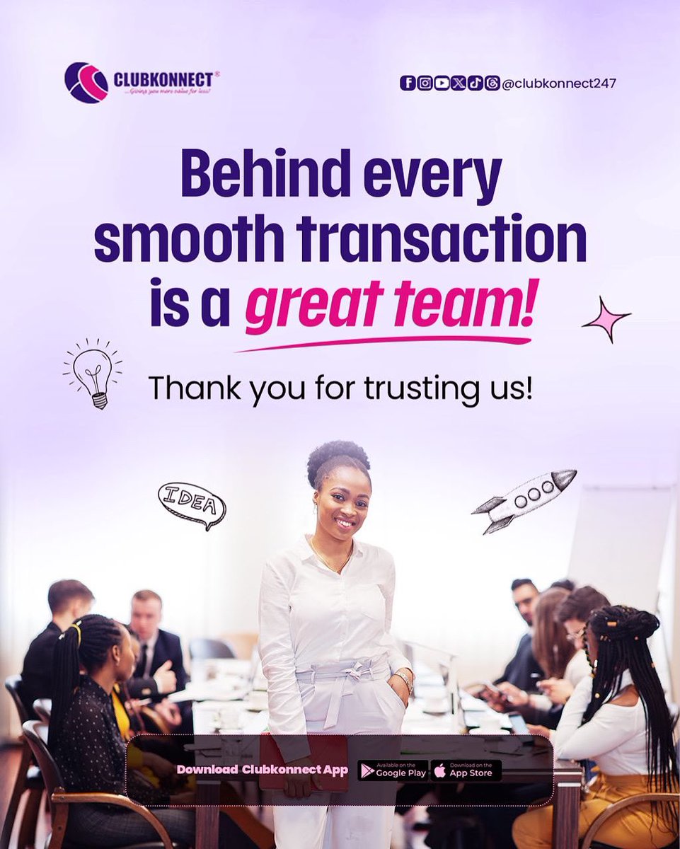 clubkonnect247's tweet photo. Behind every seamless experience on Clubkonnect is a dedicated team working round the clock to give you more value for less. Thank you for choosing us! 💯

#Clubkonnect #MoreValueForLess #Teamwork #CustomerAppreciation https://t.co/jxyNQ79fo2