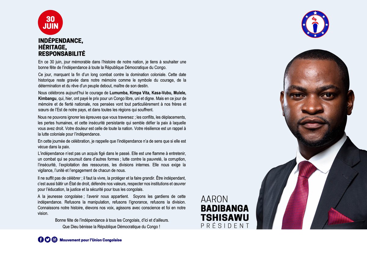 Aaron Badibanga Tshisawu (@atshisawu) on Twitter photo Ce 30 juin, jour symbolique et porteur d’espoir, nous adressons nos vœux les plus sincères de bonne fête de l’indépendance à toutes les filles et tous les fils de la République Démocratique du Congo. <a href="/jkalumba49/">Jonathan Kalumba</a> <a href="/l_jimanel/">Coach Jimanel LWIGULIRA</a> <a href="/MputuMerveil/">MPUTU MOLOBELI</a> <a href="/MotemaCD5/">MOTEMA CD</a> <a href="/IlungaGede69028/">Ilunga Gédéon</a> <a href="/tshiamanyiku/">Tshiamala Franklin</a> Ce 30 juin, jour symbolique et porteur d’espoir, nous adressons nos vœux les plus sincères de bonne fête de l’indépendance à toutes les filles et tous les fils de la République Démocratique du Congo. <a href="/jkalumba49/">Jonathan Kalumba</a> <a href="/l_jimanel/">Coach Jimanel LWIGULIRA</a> <a href="/MputuMerveil/">MPUTU MOLOBELI</a> <a href="/MotemaCD5/">MOTEMA CD</a> <a href="/IlungaGede69028/">Ilunga Gédéon</a> <a href="/tshiamanyiku/">Tshiamala Franklin</a>