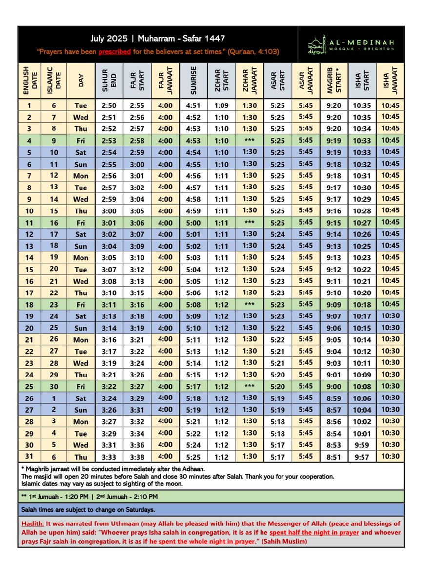 #July 2025 prayer timetable