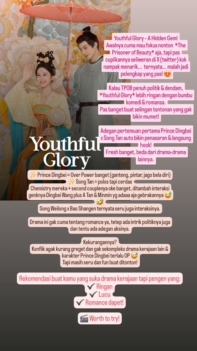 Oke mari kita mulai dengan postingan tentang review singkat Cdrama yang tamat belum lama ini #YouthfulGlory #SongWeilong #BaoShangen 

Nih drama fiksi sejarah, tapi kocak dan ringan.

Bisa ditonton di <a href="/NetflixID/">Netflix Indonesia</a> &amp; <a href="/iQIYI_Indonesia/">iQIYI Indonesia</a>