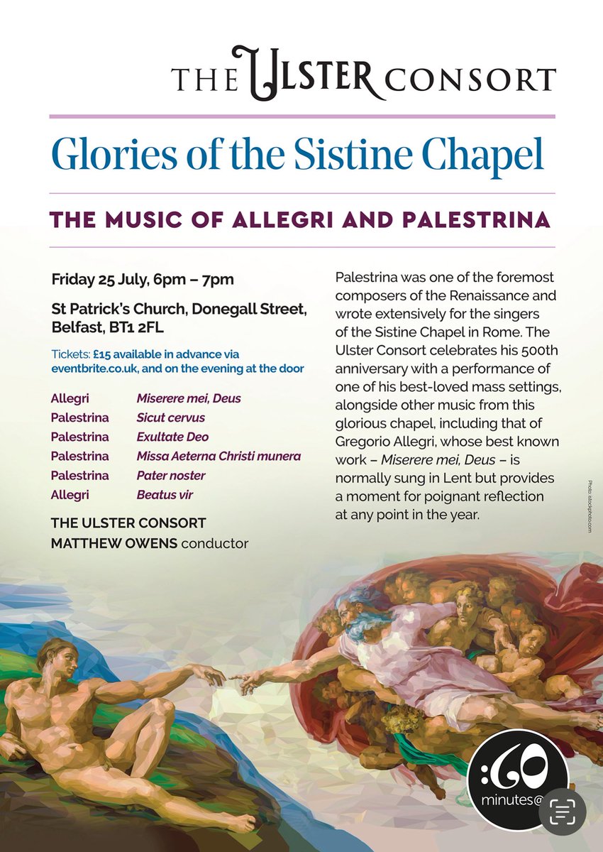 On Friday 25 July, from 6-7pm, <a href="/ulsterconsort/">The Ulster Consort</a> and I celebrate the 500th anniversary of Palestrina. Also featured is the famous Allegri ‘Miserere’, all in in the beautiful surroundings of St Patrick’s Ch, Belfast <a href="/stpatricks200/">St Patrick's Belfast</a>. Tickets at the door, or via: eventbrite.co.uk/e/glories-of-t…