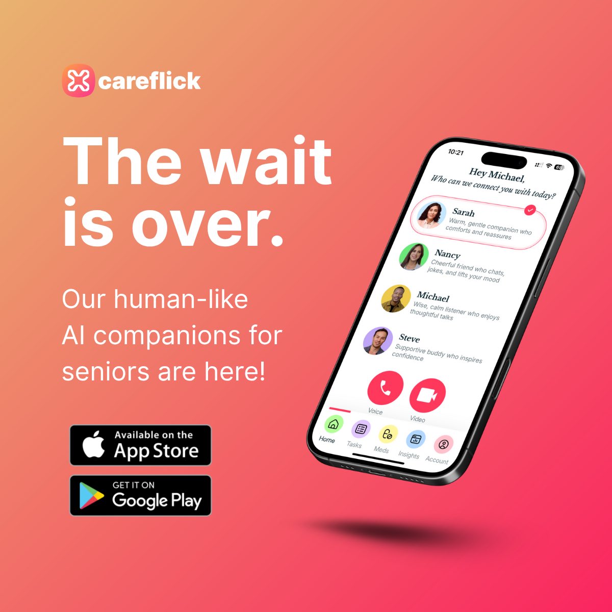 careflick's tweet photo. The wait is over 🎉

Our human-like #AI companions for #seniors are here and they genuinely want to know how your day’s going 🌞

Made with love, built to care.

📲 Now live on App Store &amp; Play Store.

#Careflick #AIcompanions #AppStore #PlayStore #SeniorCare #companionship https://t.co/1ByhPnGSnw