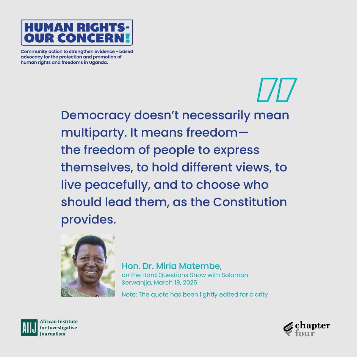 African Institute for Investigative Journalism (@africaniij) on Twitter photo What does democracy mean for Uganda? Wise reflections <a href="/miriamatembe/">Hon. Dr. Miria R.K Matembe (Official)</a> on the #AIIJHardQuestions
#Democracy #Governance #HROC What does democracy mean for Uganda? Wise reflections <a href="/miriamatembe/">Hon. Dr. Miria R.K Matembe (Official)</a> on the #AIIJHardQuestions
#Democracy #Governance #HROC