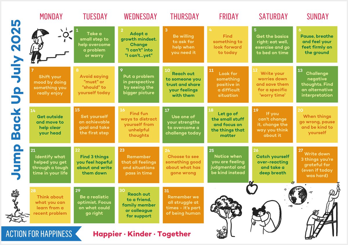 We can't control what happens to us, but we can choose how we respond.
Join us for #JumpBackUpJuly and find ways to be more resilient in challenging times actionforhappiness.org/jump-back-up-j…