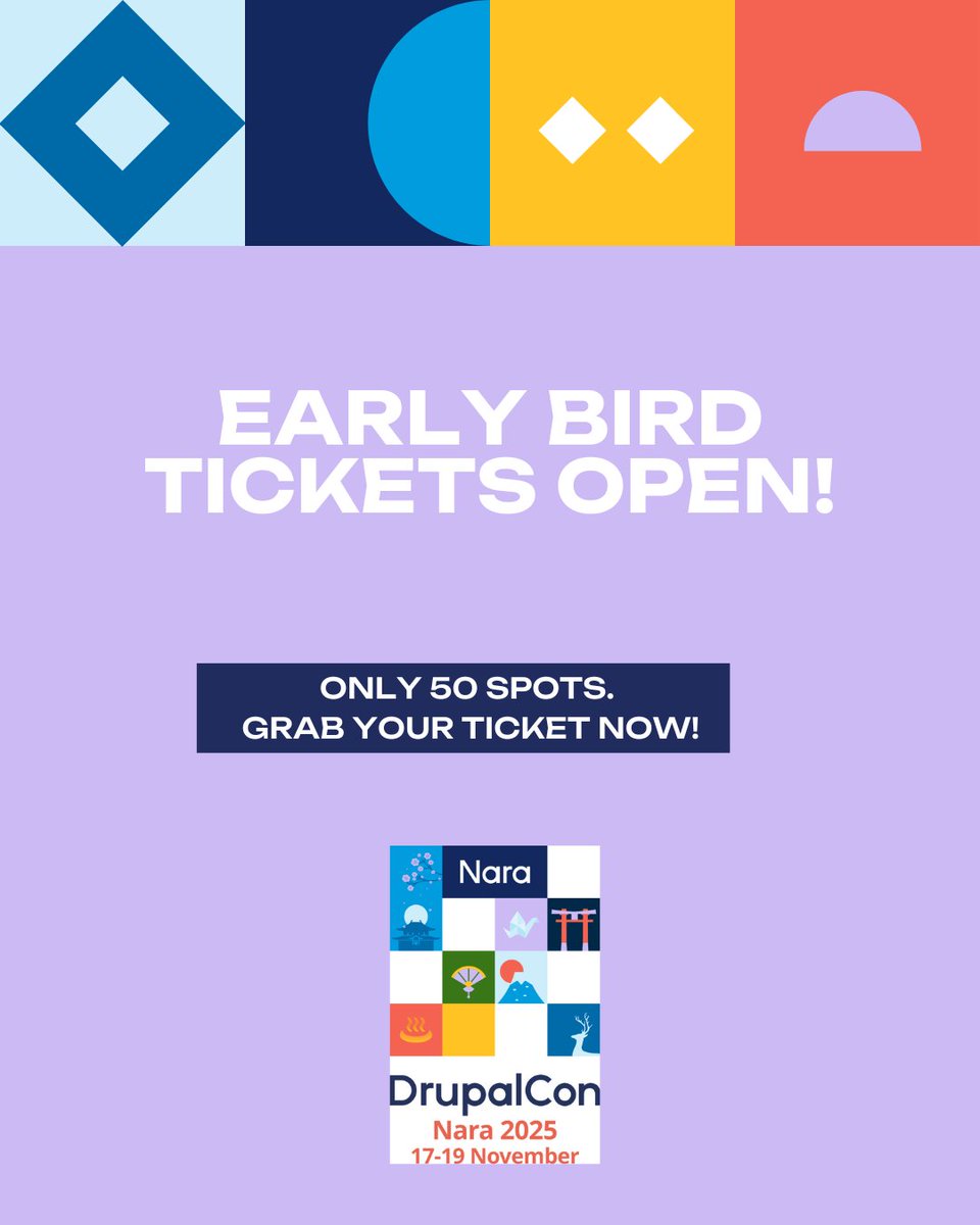DrupalConAsia's tweet image. 🎫 Early Bird tickets for #DrupalConNara 2025 are now available — but only a few left!

Take advantage of the lowest pricing available and secure your spot today. Enjoy peace of mind knowing you’ve booked early and saved.

👉 Register now: events.humanitix.com/drupalcon-nara…

#DrupalCon